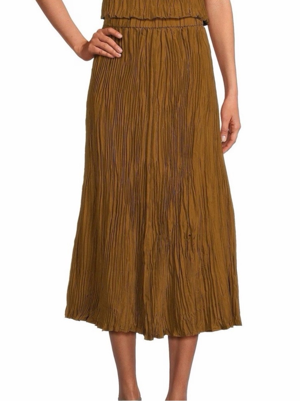 Eileen Fisher Bronze Crushed Silk Pleated Midi Skirt